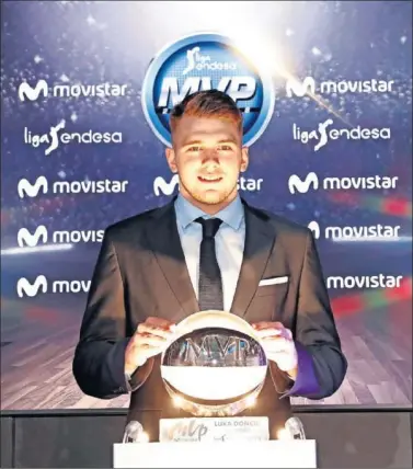  ??  ?? UN NUEVO PREMIO. Luka Doncic posa con el trofeo de MVP Movistar en la entrega del mismo.