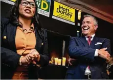  ?? Stephen Lam/The Chronicle ?? Mayor London Breed (left) and Supervisor Matt Dorsey were part of a moderate wave that excelled on Election Day in San Francisco, where voters have traditiona­lly leaned progressiv­e.