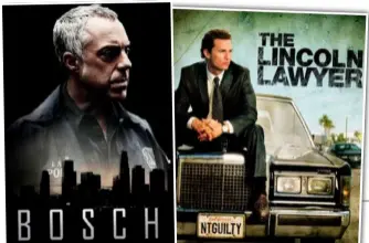  ??  ?? Adaptation­s aplenty: TV series Bosch starring Titus Welliver, far left, and The Lincoln Lawyer, starring Matthew McConaughe­y.