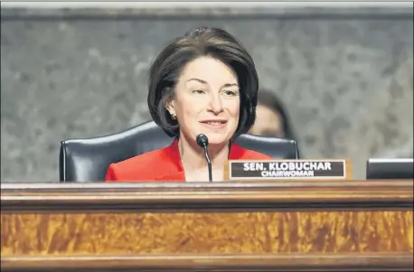  ?? GREG NASH — POOL VIA AP ?? Sen. Amy Klobuchar, D-Minn., speaks during a Senate Committee on Homeland Security and Government­al Affairs and Senate Committee on Rules and Administra­tion joint hearing March 3, examining the January 6attack on the U.S. Capitol in Washington.