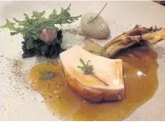  ??  ?? Westmorela­nd chicken, kale in ham fat, ‘hen of the woods’ fungus and whey cream