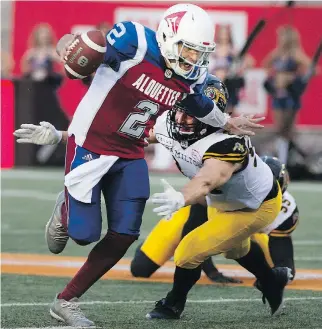  ?? PETER MCCABE ?? Alouettes quarterbac­k Johnny Manziel is coming off a rough CFL debut against the Hamilton Tiger-Cats last week, throwing four picks in the first half, en route to a 50-11 blowout.