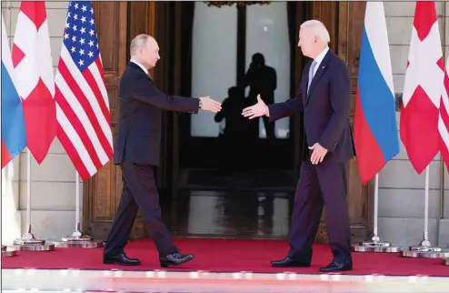  ??  ?? US President Joe Biden and Russian President Vladimir Putin, arrive to meet at the ‘Villa la Grange’, June 16, in Geneva, Switzerlan­d. (AP)