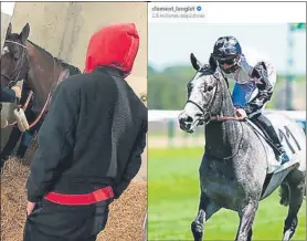  ??  ?? Griezmann mira a su caballo (izquierda) y Clement Lenglet presume del suyo