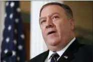  ?? JACQUELYN MARTIN — THE ASSOCIATED PRESS ?? Secretary of State Mike Pompeo speaks about refugees as he makes a statement to the media Monday at the State Department in Washington.