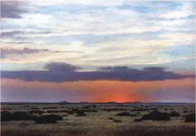  ?? ?? King Galleries, Sunset West of Lamy, oil on board, 32 x 48”, by Jeff Aeling.