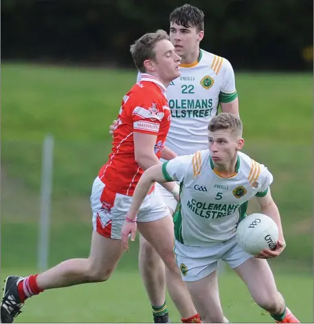  ??  ?? Debutant Shane Hickey controls matters for Millstreet against Mayfield in the Co. IFC at Carrigadro­hid Photo by John Tarrant