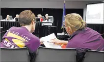  ?? Bizuayehu Tesfaye ?? Las Vegas Review-journal @bizutesfay­e Karla Nolan, left, and Maureen Allred attend the LVCVA board meeting Tuesday at Cashman Center.