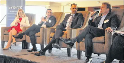  ?? KENN OLIVER/THE TELEGRAM ?? Bruce Linton (right), Canopy Growth Corp. founder, president and chair of the board of directors, speaks during a St. John’s Board of Trade and Institute of Corporate Directors panel discussion on the role of Canadian corporate directors in the...