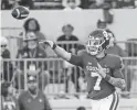  ?? KEVIN JAIRAJ/USA TODAY SPORTS ?? Oklahoma quarterbac­k Spencer Rattler throws during the second half against Texas Tech on Oct. 30.