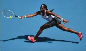  ?? Photograph: James Gourley/BPI/Shuttersto­ck ?? Coco Gauff stretches at the baseline in a match during the Australian Open in January.