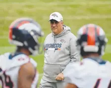  ?? Hyoung Chang, The Denver Post ?? New Broncos coach Vic Fangio, pictured during rookie minicamp at Dove Valley this month, will be hands-on with the linebacker­s, helping out linebacker­s coach Reggie Herring.