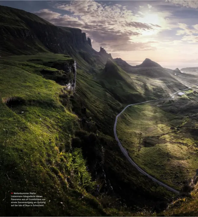  ??  ?? >>
Weltenbumm­ler Stefan Liebermann fotografie­rte dieses Panorama aus elf Einzelbild­ern von einem Sonnenaufg­ang am Quiraing auf der Isle of Skye in Schottland.