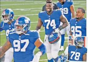  ??  ?? SMILE HIGH: Matt Peart (No. 74), who started in place of Andrew Thomas (inset), was all smiles after the Giants’ 20-19 victory over Washington.