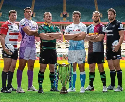  ?? PICTURE: GETTY ?? One man down: Quins captain Robshaw (second right) and the other skippers of English clubs at yesterday’s European launch in Cardiff, which Sarries did not attend