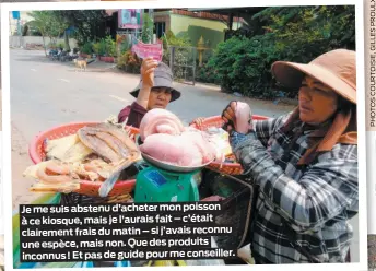  ??  ?? Je me suis abstenu d’acheter mon poisson àce kiosque, mais je l’aurais fait – c’était clairement frais du matin – si j’avais reconnu une espèce, mais non. Que des produits inconnus ! Et pas de guide pour me conseiller.