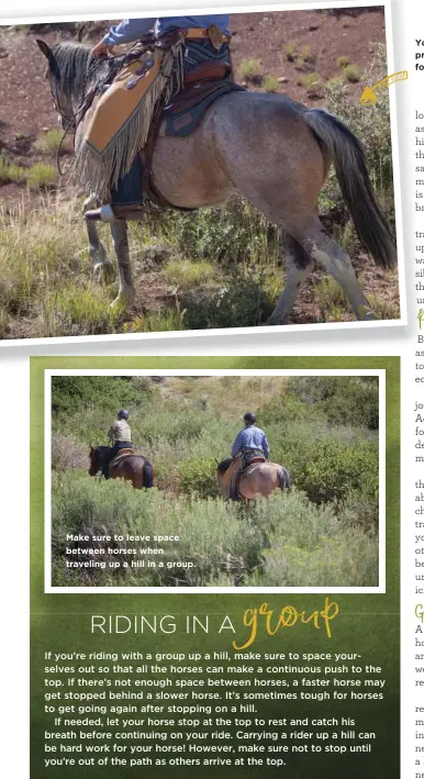  ??  ?? Make sure to leave space between horses when traveling up a hill in a group. Your horse uses his hindquarte­rs to propel himself up a hill. Lean slightly forward to help him out.