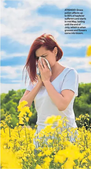  ??  ?? ATISHOO!: Grass pollen affects up to 95% of hayfever sufferers and starts in mid May, lasting until the end of July, which is when grasses and flowers come into bloom.
