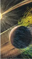  ?? GODDARD SPACE
FLIGHT CENTER/NASA VIA AP ?? An artist’s rendering of a solar storm hitting Mars and stripping ions from the planet’s upper atmosphere. NASA’s Mars-orbiting Maven spacecraft discovered the sun robbed the red planet of its once-thick atmosphere and water.