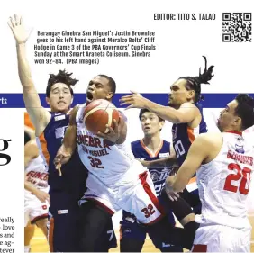  ??  ?? Barangay Ginebra San Miguel’s Justin Brownlee goes to his left hand against Meralco Bolts’ Cliff Hodge in Game 3 of the PBA Governors’ Cup Finals Sunday at the Smart Araneta Coliseum. Ginebra won 92-84. (PBA Images)