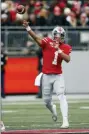  ?? JAY LAPRETE — THE ASSOCIATED PRESS ?? Ohio State quarterbac­k Justin Fields throws a pass against Maryland during the first half of an NCAA college football game, Saturday.