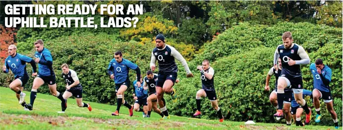  ?? GETTY IMAGES ?? Race to the top: Elliot Daly (right) and Joe Cokanasiga (centre) lead the way as England test their strength and stamina in training yesterday