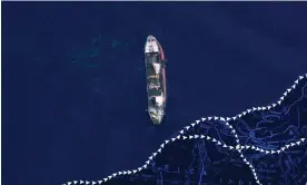  ?? Labs PBC ?? Satellite image of the wrecked Pablo tanker off the coast of Malaysia. Composite: Planet