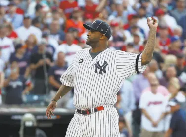  ?? Gregory Shamus / Getty Images ?? CC Sabathia of the Yankees, who’s retiring after the season, throws the ceremonial first pitch before the AllStar Game in Cleveland. The Vallejo High alum began his career with 71⁄2 seasons with the Indians.