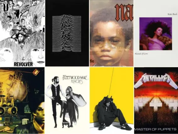  ??  ?? Left to right, from top row: Revolver (The Beatles), Unknown Pleasures (Joy Division), Illmatic (Nas), Hounds of Love (Kate Bush), Sign o’ the Times (Prince), Rumours (Fleetwood Mac), Boy in da Corner (Dizzee Rascal), Master of Puppets (Metallica)