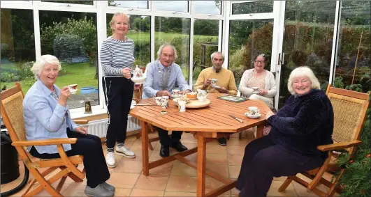  ?? Photo by Michelle Cooper Galvin ?? Noreen Murphy, Kathleen and Cllr. Michael Gleeson, Christy and Mary Lehane and Doreen Casey Horan enjoying a cup of Tea in aid of Motor Neurone hosted by the Gleeson family in Lissivigee­n, Killarney on Sunday.