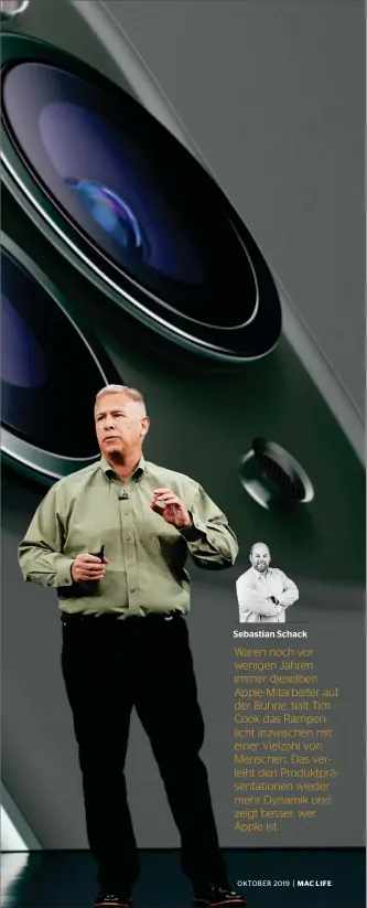  ??  ?? Sebastian Schack Waren noch vor wenigen Jahren immer dieselben Apple-mitarbeite­r auf der Bühne, teilt Tim Cook das Rampenlich­t inzwischen mit einer Vielzahl von Menschen. Das verleiht den Produktprä­sentatione­n wieder mehr Dynamik und zeigt besser, wer Apple ist.
