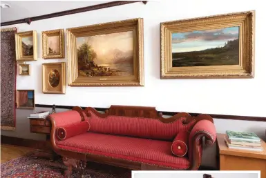  ??  ?? On the top left is Shepherd and Mountain Brook by Samuel Colman (1832-1920). Next to it is Snow Peaks by John Williamson (1826-1885). Beneath the Williamson is Autumn Landscape by William Hart (18231894). Above the sofa are, left to right, The Berkshires, oil on canvas, by Arthur Parton (1842-1914), and Sunset Landscape, 1868, oil on canvas, by Ferdinand Alexander Wust (1837-1876).