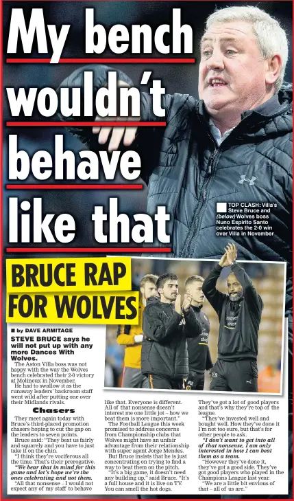  ??  ?? TOP CLASH: Villa’s Steve Bruce and (below) Wolves boss Nuno Espirito Santo celebrates the 2-0 win over Villa in November