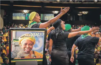  ??  ?? Chosen ones: Members of the KwaZulu-Natal ANC Women’s League (above) perform in support of Nkosazana Dlamini-Zuma as the party gears up for the ANC’s next national elective conference (scenes from previous conference­s are pictured at left and bottom...