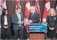  ?? CHRIS YOUNG THE CANADIAN PRESS FILE PHOTO ?? Caledon Mayor Annette Groves, left, Brampton Mayor Patrick Brown, Municipal Affairs Minister Steve Clark and Mississaug­a Mayor Bonnie Crombie spoke about the dissolutio­n of Peel Region during a Queen's Park news conference. Clark has set a deadline to have the breakup done by Jan. 1, 2025.