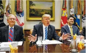  ?? ASSOCIATED PRESS FILE PHOTO ?? President Donald Trump, flanked by Senate Majority Leader Mitch McConnell of Kentucky, left, and House Speaker Paul Ryan of Wisconsin, speaks during a meeting with House and Senate leadership in the Roosevelt Room of the White House in Washington in...