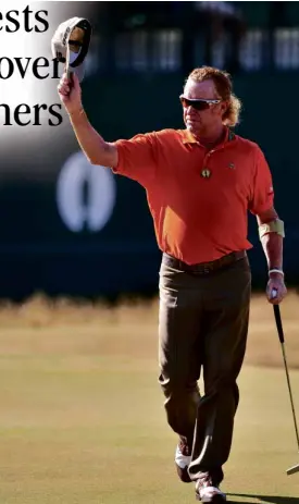  ?? AFP ?? SPAIN’S Miguel Angel Jimenez acknowledg­es the crowd after finishing his round on the 18th green during the second day of the 2013 British Open Golf Championsh­ip at Muirfield golf course at Gullane in Scotland.