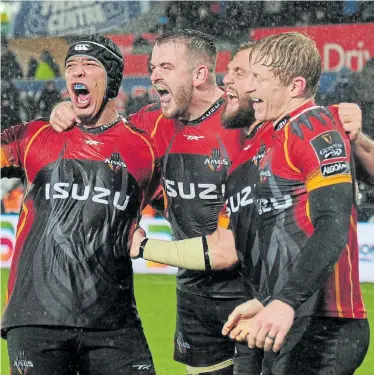  ?? Picture: ATHENA PICTURES/GETTY IMAGES ?? RARE WIN: Isuzu Southern Kings players, from left, Aston Fortuin, Jerry Sexton, Ruan Lerm and Scott Van Breda celebrate winning against the Ospreys in the Guinness PRO14 Round 6 match at the Liberty Stadium in Swansea, in November