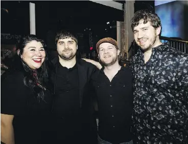  ??  ?? From left, the Celeigh Cardinal Band’s Celeigh Cardinal, Dylan Farrell, Matt Blackie and Ben Tassell attend the Edmonton Arts Council’s Winter Social on Monday.