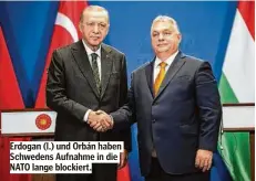  ?? ?? Erdogan (l.) und Orbán haben Schwedens Aufnahme in die NATO lange blockiert.