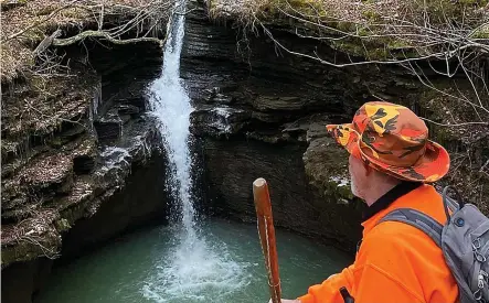 ?? (Special to the Democrat-Gazette/Bob Robinson) ?? Glen Pagan admires Little Cow Falls during a day hike Feb. 4 in the Ozarks with the Takahik River Valley Hikers.