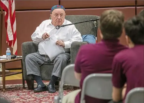  ?? Andrew Rush/Post-Gazette ?? Holocaust survivor Judah Samet speaks to students Thursday at Quigley Catholic High School.