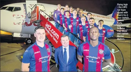  ??  ?? Flying high - the LRFC 1st Team squad with front (l to r) vice captain Callum Earls, Commercial Director Paul Moss and captain Marlon Walters.