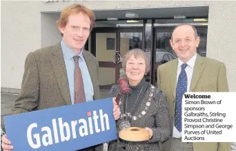  ??  ?? Welcome Simon Brown of sponsors Galbraiths, Stirling Provost Christine Simpson and George Purves of United Auctions