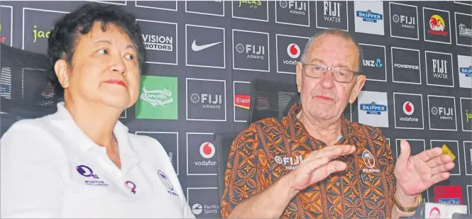  ?? Picture: ELIKI NUKUTABU ?? Fiji Rugby Union Board of Trustees interim chair Peter Mazey (right) speaks to the media while board member Jenny Seeto looks on during a press conference at the FRU office in Suva yesterday.