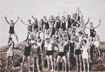  ??  ?? Currumbin Surf Life Saving Club members at Elephant Rock in 1954; former club member Peter Neumann (top right) in 1941; and a view of the old clubhouse from Currumbin Beach in the 1950s.