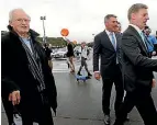  ?? PHOTO: MONIQUE FORD/ STUFF ?? Jim Bolger on the campaign trail with Prime Minister Bill English in Paraparaum­u.