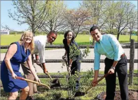  ?? PHOTO COURTESY OF THE MONTGOMERY COUNTY BOARD OF COMMISSION­ERS ?? From left, Regional External Affairs Manager at PECO Suzanne Ryan; Commission­er Ken Lawrence Jr., Commission­er Val Arkoosh and Commission­er Joe Gale plant a tree at the Norristown Farm Park donated to the county by PECO and the Arbor Day Foundation.