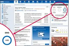  ?? Testsieger GMX TopMail: Die übersichtl­iche Startseite zeigt nach dem Login die Auslastung von E-Mail- und Dateispeic­her sowie SMS- und Faxverbrau­ch. ??