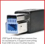  ??  ?? USB Type B: Although less common than its counterpar­ts, it supports everything from USB 1.0 to 3.0. It’s often found in printers and more industrial peripheral­s.